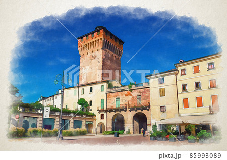 Watercolor drawing of Porta Castello Tower Torre and Gate Terrazza Torrione brick building in old historical city centre of Vicenza city 85993089
