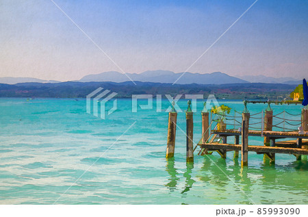 Watercolor drawing of Garda lake with blue azure turquoise water and wooden pier dock, coast with mountain range, blue sky background 85993090