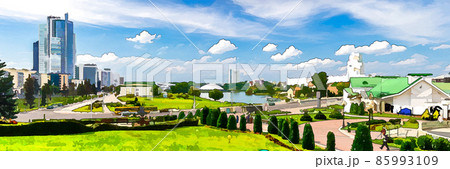 Watercolor drawing of panorama of Minsk city with skyscrapers on Pobediteley Peramohi Avenue in Nemiga district near embankment of Svislach river 85993109