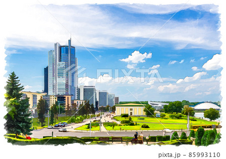 Watercolor drawing of cityscape of Minsk city with skyscrapers on Pobediteley Peramohi Avenue in Nemiga district near embankment of Svislach river 85993110