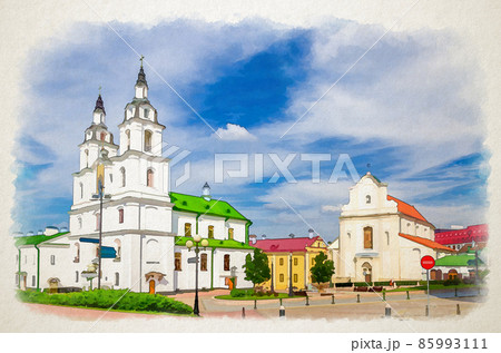 Watercolor drawing of Holy Spirit Cathedral Orthodox Church Baroque style building and Church of St. Joseph in Upper Town Minsk historical city centre 85993111