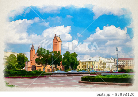 Watercolor drawing of Saints Simon and Helena Roman Catholic church or Red Church on Independence Square in Minsk city historical centre 85993120
