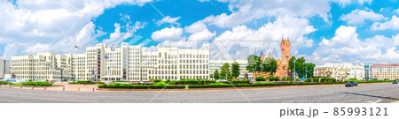 Watercolor drawing of Panorama of Independence Square in Minsk city centre with Government House and Saints Simon Watercolor drawing of Panorama of Independence Square in Minsk city centre with Government House and Saints Simon 85993121