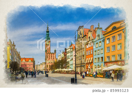 Watercolor drawing of Gdansk cityscape with people tourists walking down Dluga Long Market pedestrian street Dlugi targ square 85993123