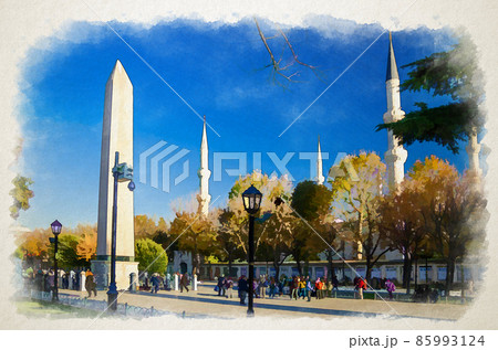 Watercolor drawing of Istanbul: Sultan Ahmed Mosque Blue Mosque with minarets, Obelisk of Theodosius Dikilitas and tourists 85993124