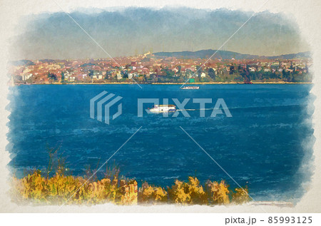 Watercolor drawing of Cityscape of Istanbul city historical centre with ship boat sailing water of Bosporus Bosphorus Strait of Istanbul 85993125