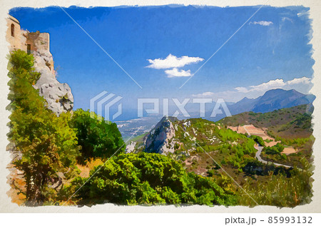 Watercolor drawing of Aerial view of Kyrenia Girne mountain range and valley in front of Mediterranean sea, green trees on rock Watercolor drawing of Aerial view of Kyrenia Girne mountain range and valley in front of Mediterranean sea, green trees on rock 85993132