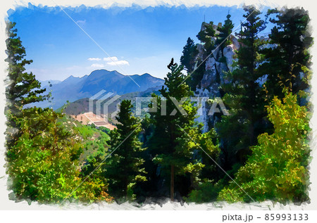 Watercolor drawing of Kyrenia Girne mountain range from medieval Saint Hilarion Castle with green trees and rocks 85993133