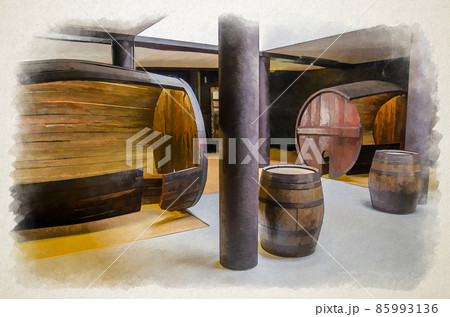 Watercolor drawing of wine barrel in basement cellar 85993136