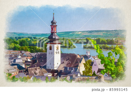 Watercolor drawing of Aerial view of Rudesheim am Rhein historical town centre with clock tower spire of St. Jakobus catholic church 85993145