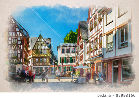Watercolor drawing of Mainz: Traditional german houses with typical wooden facade fachwerk style and tourists people walking down cobblestone square 85993166