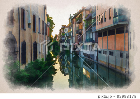 Watercolor drawing of Ponte delle Torricelle bridge across canal with buildings on sides in historical city centre of Padua, evening twilight view Watercolor drawing of Ponte delle Torricelle bridge across canal with buildings on sides in historical city centre of Padua, evening twilight view 85993178