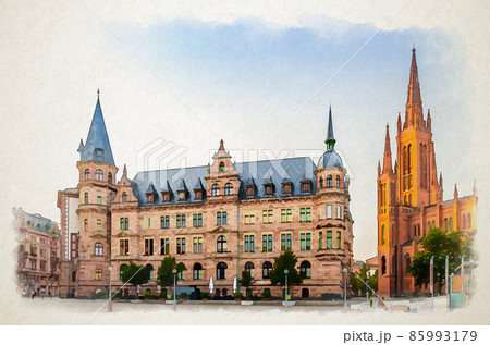 Watercolor drawing of Wiesbaden cityscape with Evangelical Market Protestant church or Marktkirche and City Palace Stadtschloss or New Town Hall 85993179