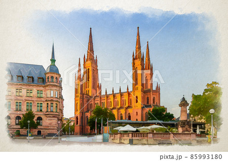 Watercolor drawing of Wiesbaden cityscape with Evangelical Market Protestant church or Marktkirche and City Palace Stadtschloss or New Town Hall 85993180