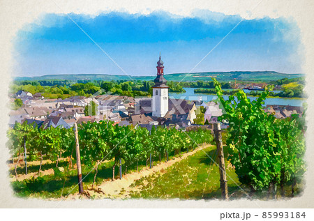 Watercolor drawing of Aerial view of vineyards Rheingau wine region, Rudesheim am Rhein historical town centre with St. Jakobus church Watercolor drawing of Aerial view of vineyards Rheingau wine region, Rudesheim am Rhein historical town centre with St. Jakobus church 85993184