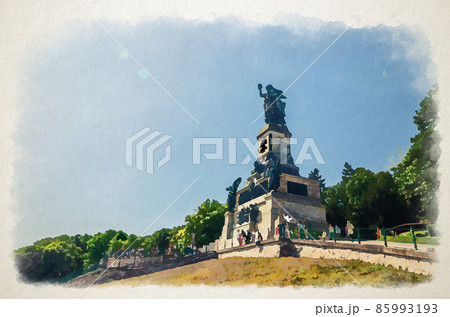 Watercolor drawing of Rudesheim am Rhein: Niederwalddenkmal Germania monument on Niederwald broad hill 85993193