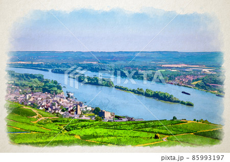 Watercolor drawing of Aerial panoramic view of river Rhine Gorge or Upper Middle Rhine Valley winemaking region with vineyards green fields Watercolor drawing of Aerial panoramic view of river Rhine Gorge or Upper Middle Rhine Valley winemaking region with vineyards green fields 85993197