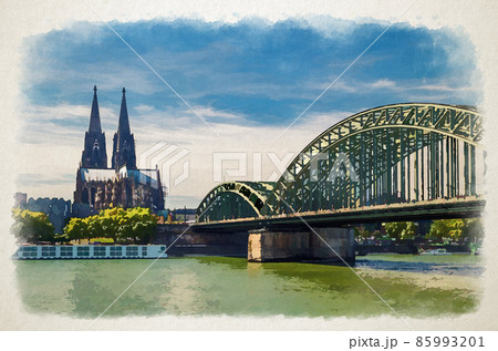 Watercolor drawing of Cologne cityscape of historical city centre with Cologne Cathedral Roman Catholic Church of Saint Peter gothic style Watercolor drawing of Cologne cityscape of historical city centre with Cologne Cathedral Roman Catholic Church of Saint Peter gothic style 85993201