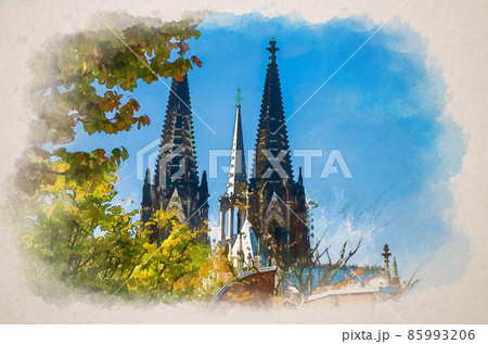 Watercolor drawing of Two huge spires of Cologne Cathedral Roman Catholic Church Saint Peter gothic architectural style building and tree crown 85993206