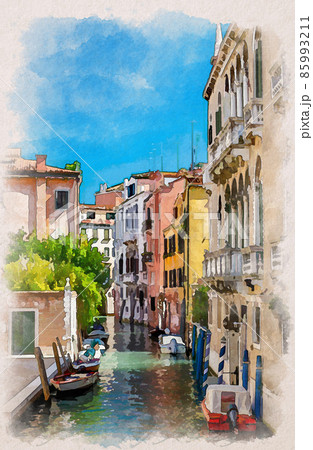 Watercolor drawing of Typical Venice narrow water canal with moored boats between old colorful buildings with balconies and brick walls Watercolor drawing of Typical Venice narrow water canal with moored boats between old colorful buildings with balconies and brick walls 85993211