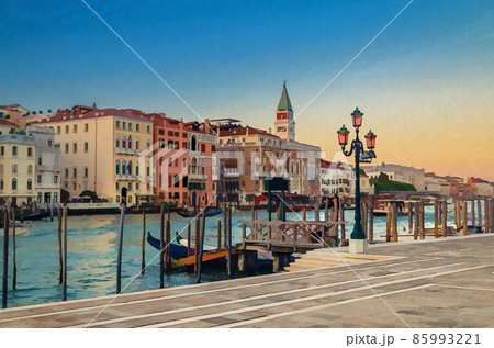 Watercolor drawing of Venice evening view with Fondamenta Salute embankment promenade near pier of Grand Canal waterway Watercolor drawing of Venice evening view with Fondamenta Salute embankment promenade near pier of Grand Canal waterway 85993221