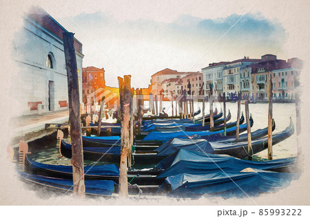 Watercolor drawing of Gondolas moored docked on pier of Grand Canal waterway in Venice. Baroque style buildings along Canal Grande Watercolor drawing of Gondolas moored docked on pier of Grand Canal waterway in Venice. Baroque style buildings along Canal Grande 85993222