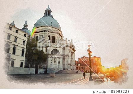 Watercolor drawing of Basilica di Santa Maria della Salute Catholic church on Punta della Dogana on Fondamenta Salute embankment Watercolor drawing of Basilica di Santa Maria della Salute Catholic church on Punta della Dogana on Fondamenta Salute embankment 85993223