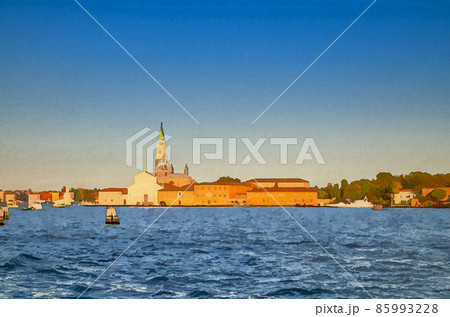 Watercolor drawing of San Giorgio Maggiore island with Chiesa di San Giorgio Maggiore catholic church and campanile bell tower 85993228