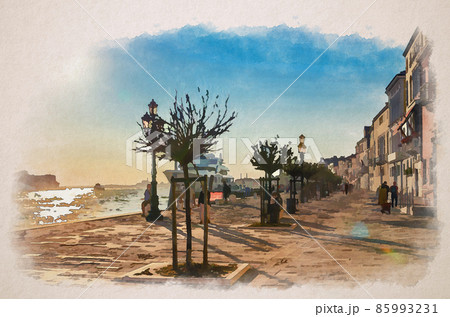 Watercolor drawing of Venice: people tourists are walking down embankment promenade Fondamenta Zattere Al Ponte Lungo 85993231