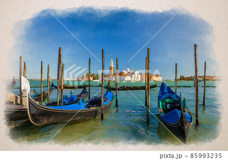 Watercolor drawing of Gondolas moored docked on water in Venice. Gondoliers sailing San Marco basin waterway. San Giorgio Maggiore island Watercolor drawing of Gondolas moored docked on water in Venice. Gondoliers sailing San Marco basin waterway. San Giorgio Maggiore island 85993235