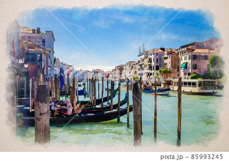 Watercolor drawing of Venice: gondolier on moored gondola traditional boat on water of Grand Canal waterway in wooden pier dock 85993245
