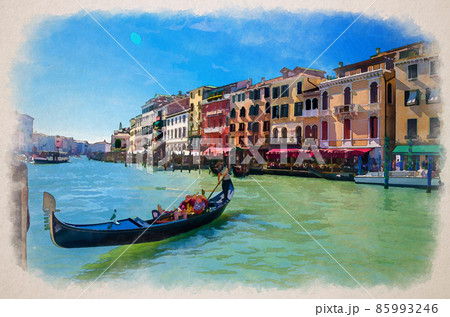 Watercolor drawing of Venice: gondolier and tourists on gondola traditional boat sailing on water of Grand Canal waterway with Venetian architecture 85993246