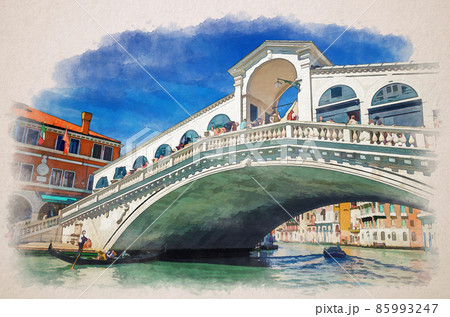 Watercolor drawing of Venice: gondolier on gondola traditional boat sailing on water of Grand Canal waterway under Rialto Bridge 85993247