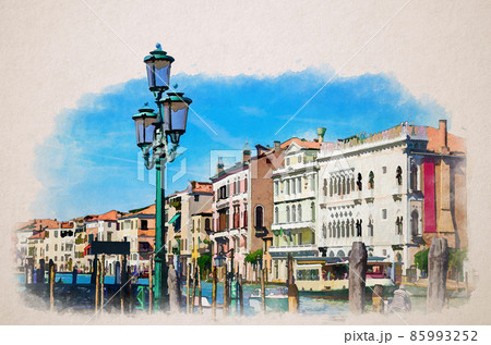 Watercolor drawing of Pier dock with wooden poles of Grand Canal waterway in Venice historical city centre with row of colorful buildings Venetian architecture Watercolor drawing of Pier dock with wooden poles of Grand Canal waterway in Venice historical city centre with row of colorful buildings Venetian architecture 85993252