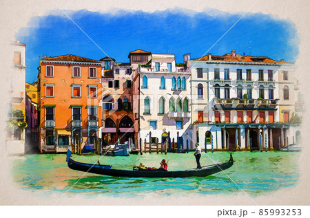 Watercolor drawing of Venice: gondolier and tourists on gondola traditional boat sailing on water of Grand Canal waterway Watercolor drawing of Venice: gondolier and tourists on gondola traditional boat sailing on water of Grand Canal waterway 85993253