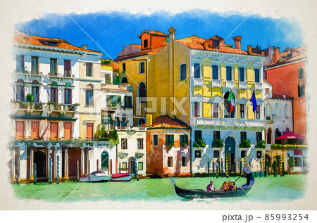 Watercolor drawing of Venice: gondolier and tourists on gondola traditional boat sailing on water of Grand Canal waterway Watercolor drawing of Venice: gondolier and tourists on gondola traditional boat sailing on water of Grand Canal waterway 85993254