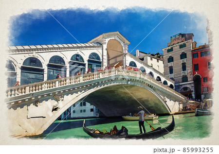 Watercolor drawing of Venice: gondolier on gondola traditional boat sailing on water of Grand Canal waterway under Rialto Bridge 85993255