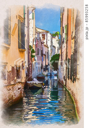 Watercolor drawing of Venice cityscape with narrow water canal with boats moored between old colorful buildings, Veneto Region Watercolor drawing of Venice cityscape with narrow water canal with boats moored between old colorful buildings, Veneto Region 85993258