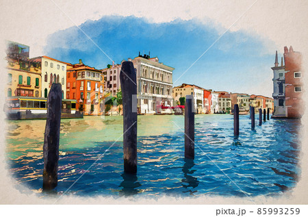 Watercolor drawing of Grand Canal waterway with wooden poles in water, Palazzo Vendramin Calergi palace, colorful buildings in Venice 85993259