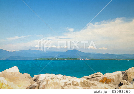 Watercolor drawing of View from stone pier mole of Garda Lake azure water with Monte Baldo mountain range and Sirmione peninsula 85993269