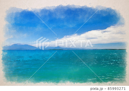 Watercolor drawing of Garda Lake azure turquoise water with view of Monte Baldo mountain range and Sirmione peninsula 85993271