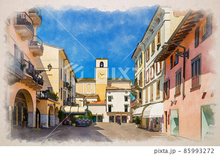 Watercolor drawing of Desenzano del Garda: bell and clock tower of Duomo di Santa Maria Maddalena Cathedral catholic church building 85993272