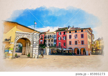 Watercolor drawing of Desenzano del Garda: Vintage Antique market place and Angela Merici monument on Piazza Giuseppe Malvezzi square 85993273