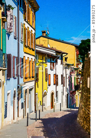 Watercolor drawing of Typical narrow street in old historical centre of Desenzano del Garda town with cobblestone road and traditional colorful buildings 85993275