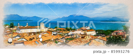Watercolor drawing of Panorama of Desenzano del Garda town with red tiled roof buildings, Garda Lake water, Monte Baldo mountain range 85993276