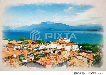 Watercolor drawing of Aerial panoramic view of Desenzano del Garda town with red tiled roof buildings, Garda Lake water, Monte Baldo mountain range 85993277