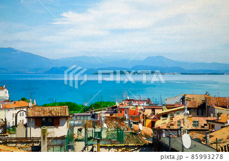 Watercolor drawing of Aerial panoramic view of Desenzano del Garda town with red tiled roof buildings, Garda Lake water, Monte Baldo mountain range 85993278