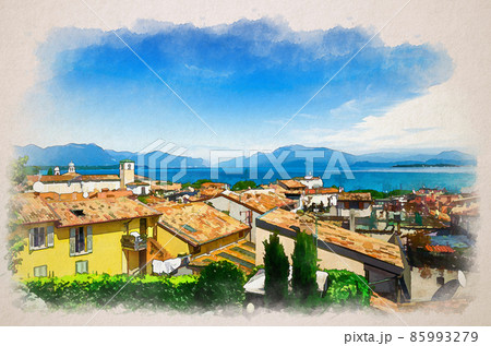 Watercolor drawing of Aerial panoramic view of Desenzano del Garda town with red tiled roof buildings, Garda Lake water, Monte Baldo mountain range 85993279