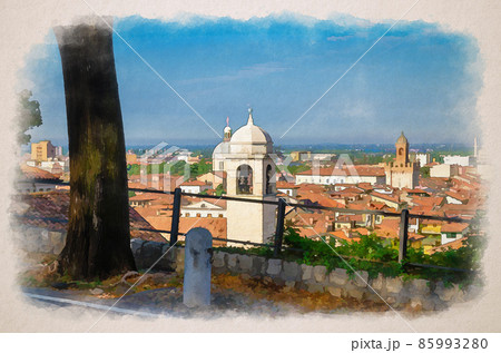 Watercolor drawing of Aerial panoramic view of old historical city centre of Brescia city with churches, towers and medieval buildings with red tiled roofs 85993280