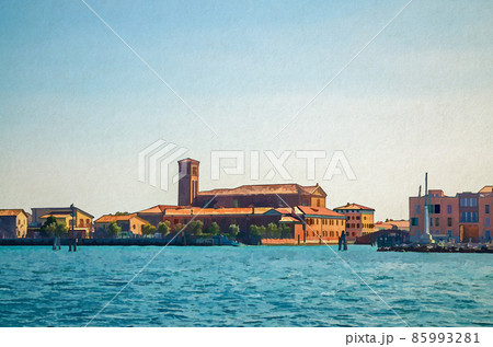 Watercolor drawing of View from sea lagoon of Chioggia town cityscape with Saint Domenico catholic church and old buildings in historical centre 85993281